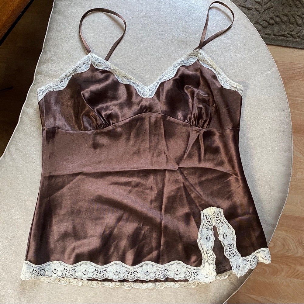 Vintage 90’s lace trim satin tank brown slit